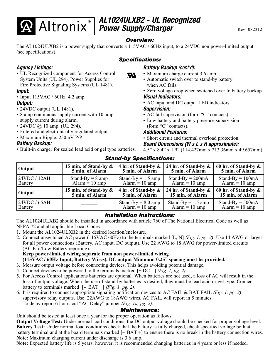 Altronix AL1024ULXB2 Installation Instructions User Manual | 2 pages
