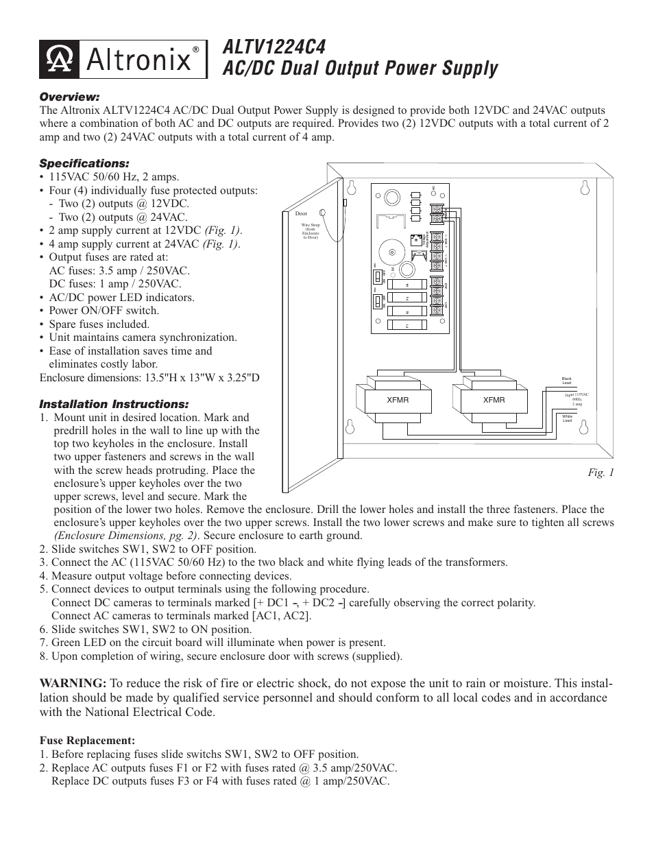 Altronix ALTV1224C4 - AC Installation Instructions User Manual | 2 pages