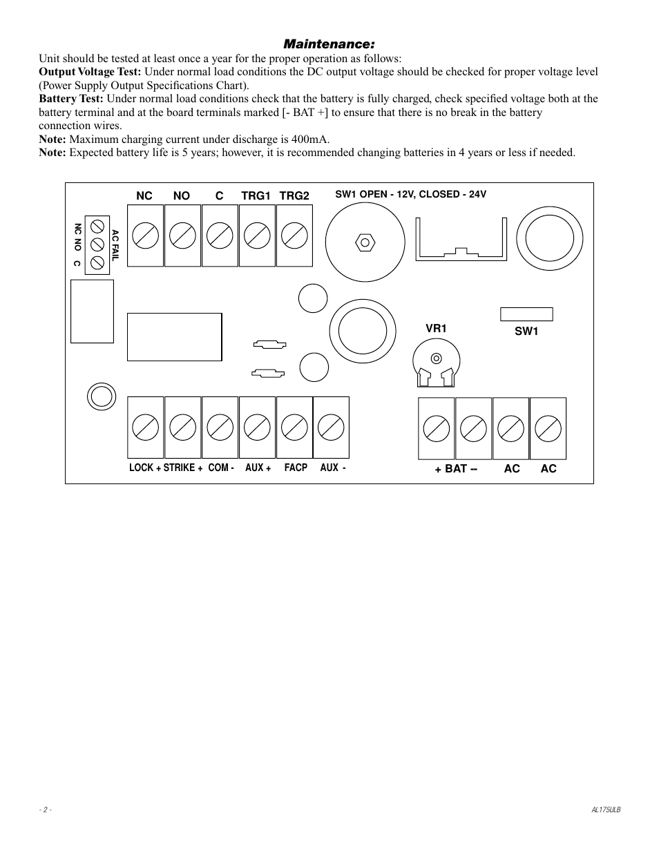 Maintenance | Altronix AL175ULB Installation Instructions User Manual | Page 2 / 4