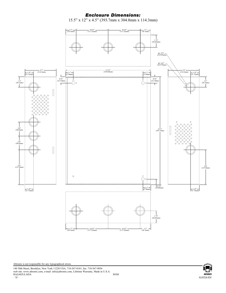 Enclosure dimensions | Altronix AL602ULADA Installation Instructions User Manual | Page 16 / 16