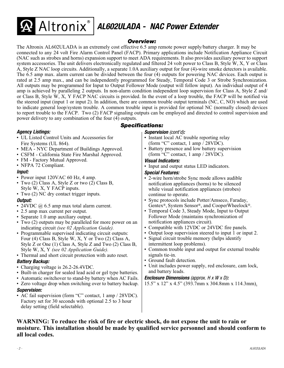 Al602ulada - nac power extender | Altronix AL602ULADA Installation Instructions User Manual | Page 2 / 16