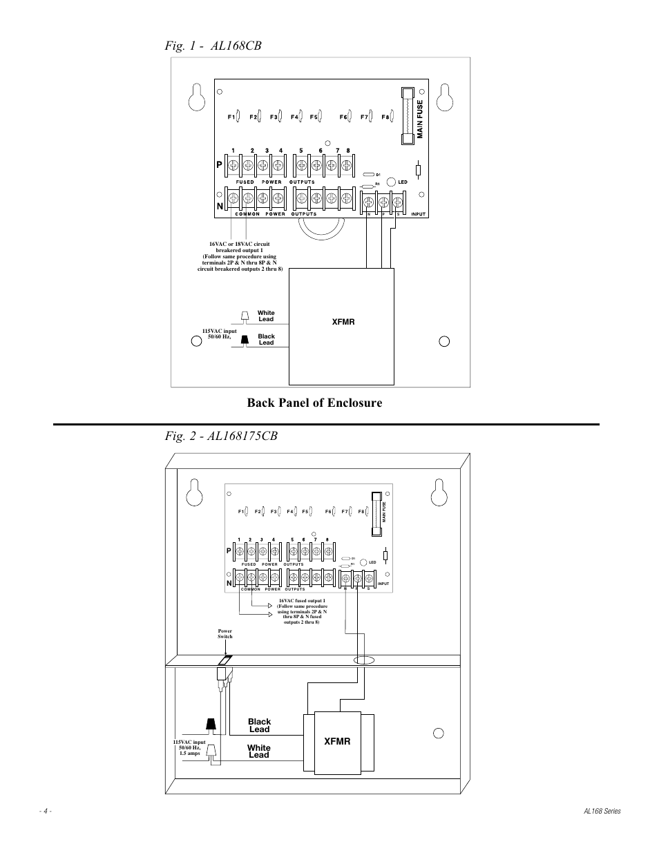 Fig. 1 - al168cb, Back panel of enclosure, Xfmr | White lead black lead | Altronix AL168 Series Installation Instructions User Manual | Page 4 / 8