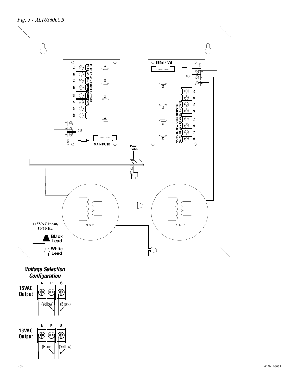 Voltage selection configuration, 16vac output, 18vac output | Altronix AL168 Series Installation Instructions User Manual | Page 6 / 8