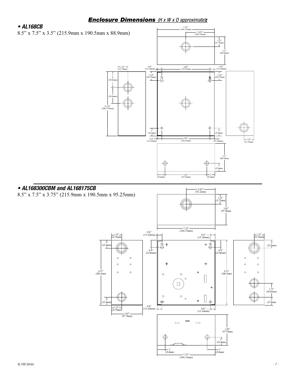 Enclosure dimensions, Al168cb | Altronix AL168 Series Installation Instructions User Manual | Page 7 / 8