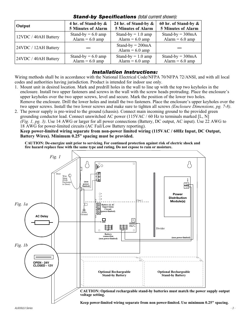 Stand-by specifications (total current shown), Installation instructions | Altronix AL600ULXR Installation Instructions User Manual | Page 3 / 8