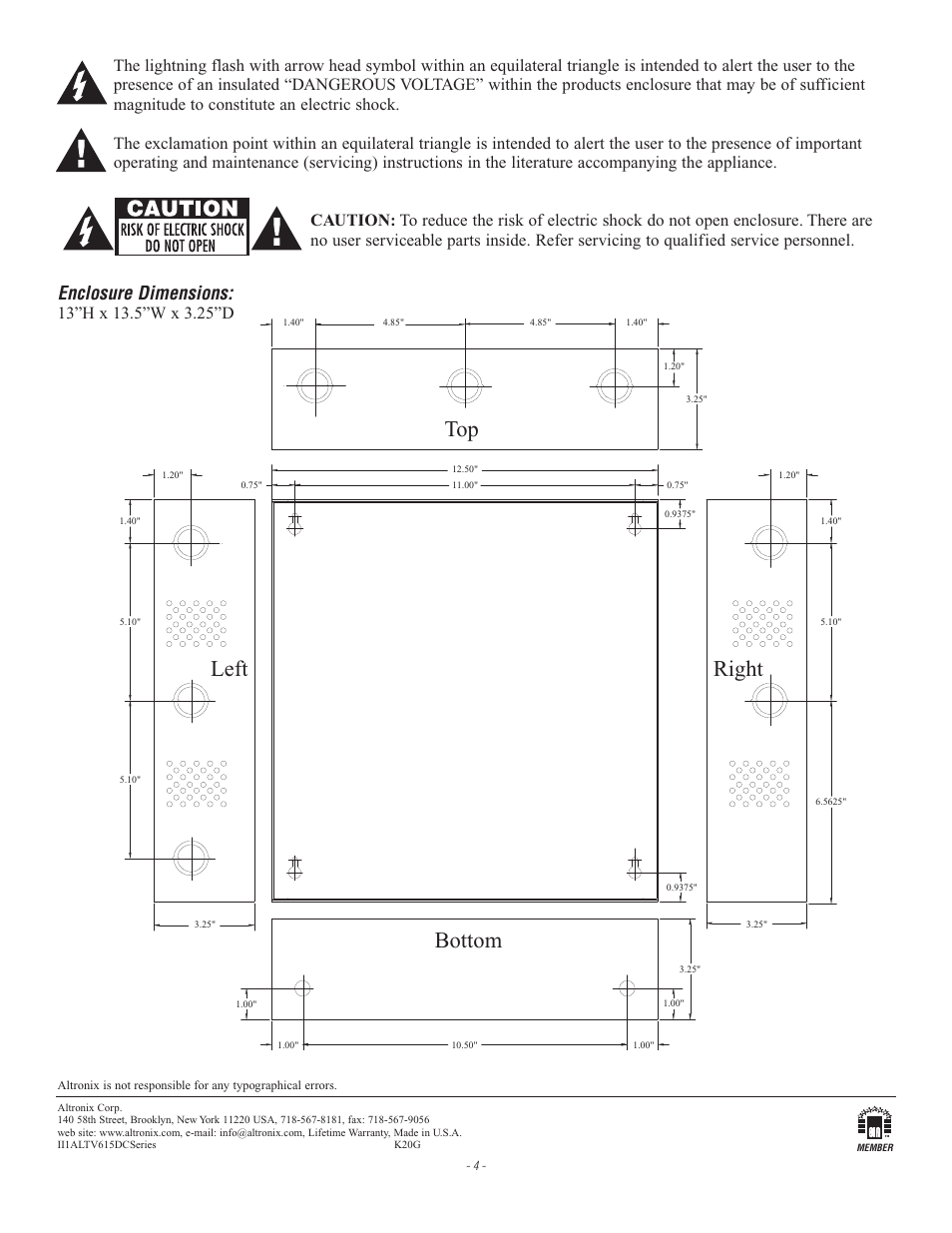 Bottom top right left, Enclosure dimensions | Altronix ALTV615DC Series Installation Instructions User Manual | Page 4 / 4