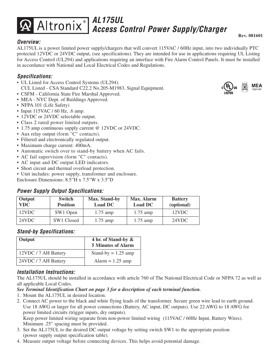 Altronix AL175UL Installation Instructions User Manual | 4 pages