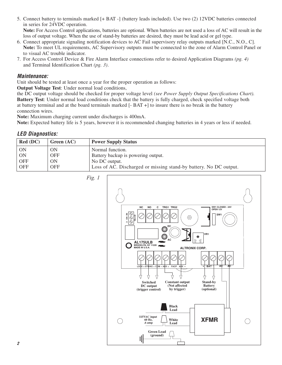 Xfmr, Maintenance, Led diagnostics | Fig. 1 | Altronix AL175UL Installation Instructions User Manual | Page 2 / 4