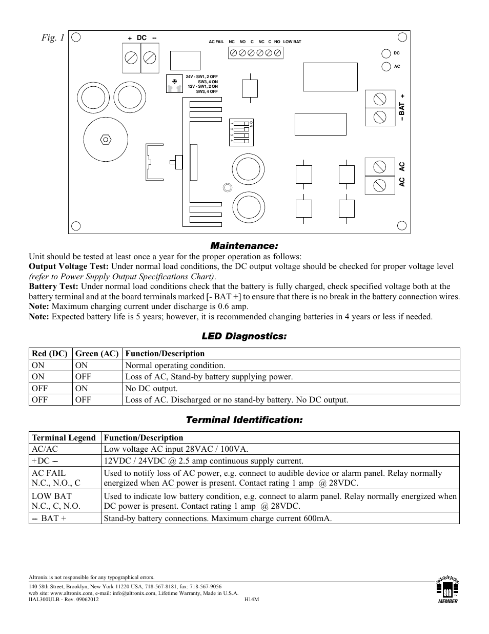 Maintenance, Led diagnostics, Terminal identification | Fig. 1 | Altronix AL300ULB Installation Instructions User Manual | Page 2 / 2