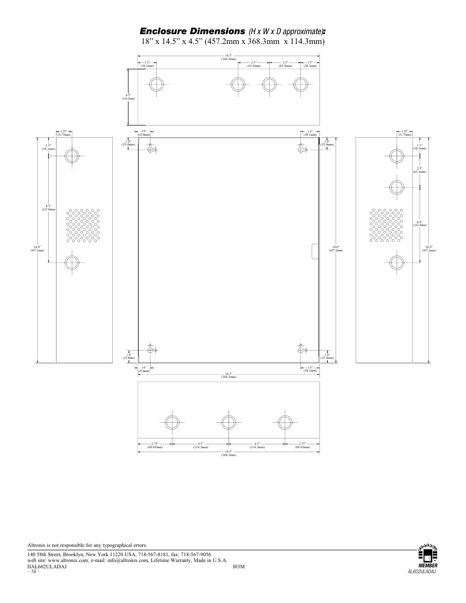 Enclosure dimensions | Altronix AL602ULADAJ Installation Instructions User Manual | Page 16 / 16