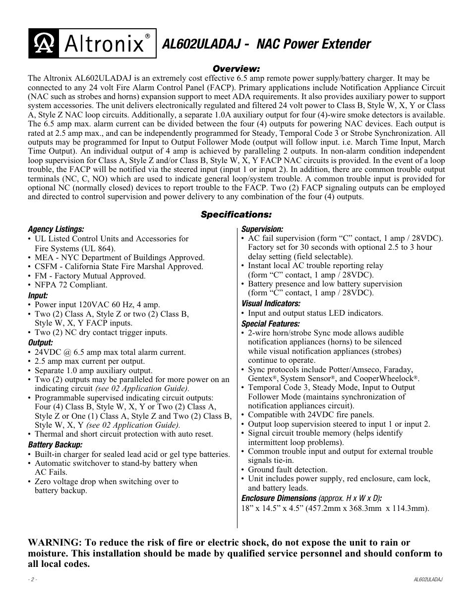 Al602uladaj - nac power extender | Altronix AL602ULADAJ Installation Instructions User Manual | Page 2 / 16