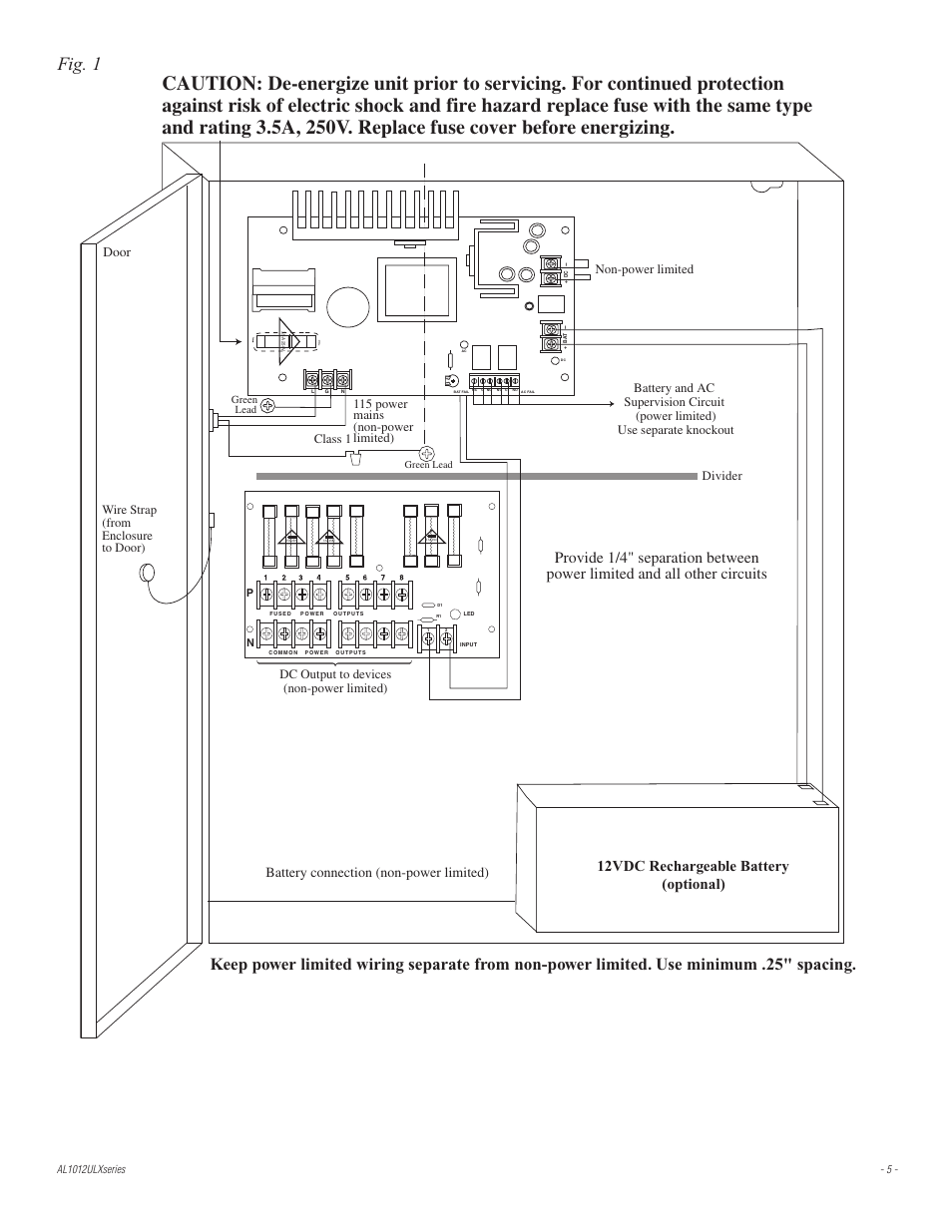 Fig. 1, 12vdc rechargeable battery (optional), Battery connection (non-power limited) | Door, Dc output to devices (non-power limited), Class 1 | Altronix AL1012ULXPD8CB Installation Instructions User Manual | Page 5 / 8