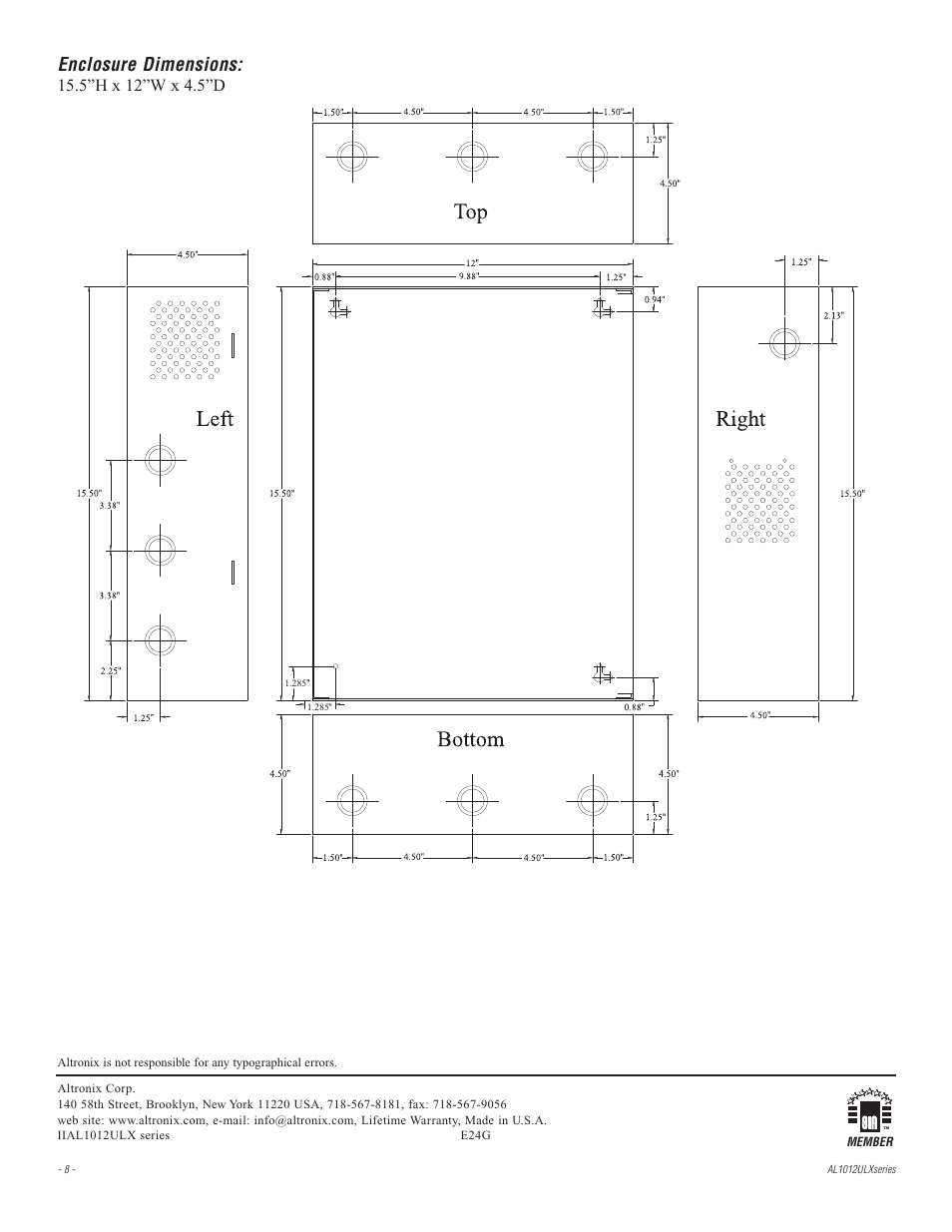 Enclosure dimensions | Altronix AL1012ULXPD8CB Installation Instructions User Manual | Page 8 / 8