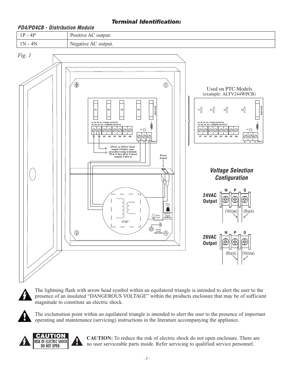 Voltage selection configuration, Fig. 1, Terminal identification | Used on ptc models, 24vac output, 28vac output, Example: altv244wpcb), Yellow) (black) (black) (yellow) | Altronix ALTV244WPCB Installation Instructions User Manual | Page 3 / 4