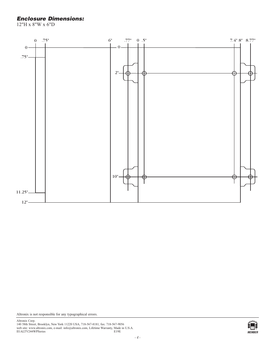 Enclosure dimensions | Altronix ALTV244WPCB Installation Instructions User Manual | Page 4 / 4