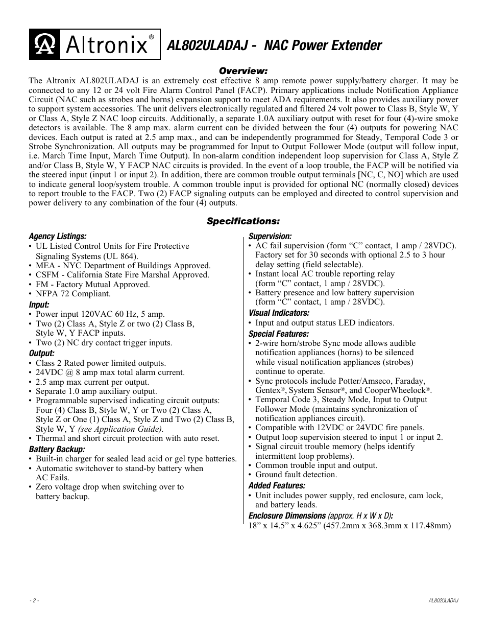 Al802uladaj - nac power extender | Altronix AL802ULADAJ Installation Instructions User Manual | Page 2 / 12