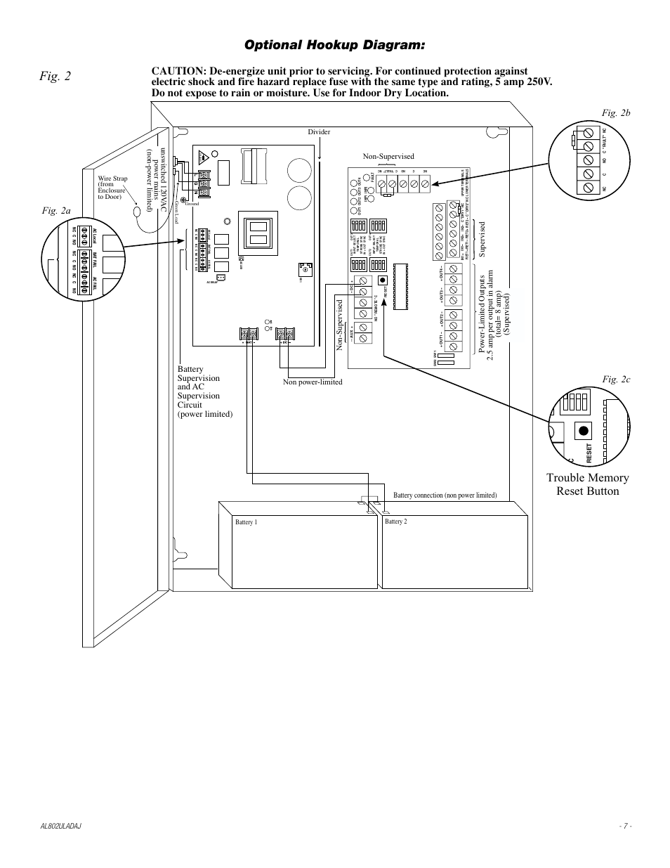 Battery and ac supervision circuit (power limited), Battery connection (non power limited), Divider | Unswitched 120v ac power mains (non-power limited), Battery 2, Battery 1, Fig. 2, Fuse cover, Wire strap (from enclosure to door), Optional hookup diagram | Altronix AL802ULADAJ Installation Instructions User Manual | Page 7 / 12