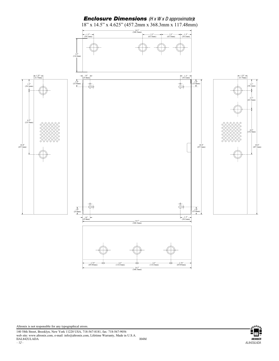 Enclosure dimensions | Altronix AL842ULADA Installation Instructions User Manual | Page 12 / 12