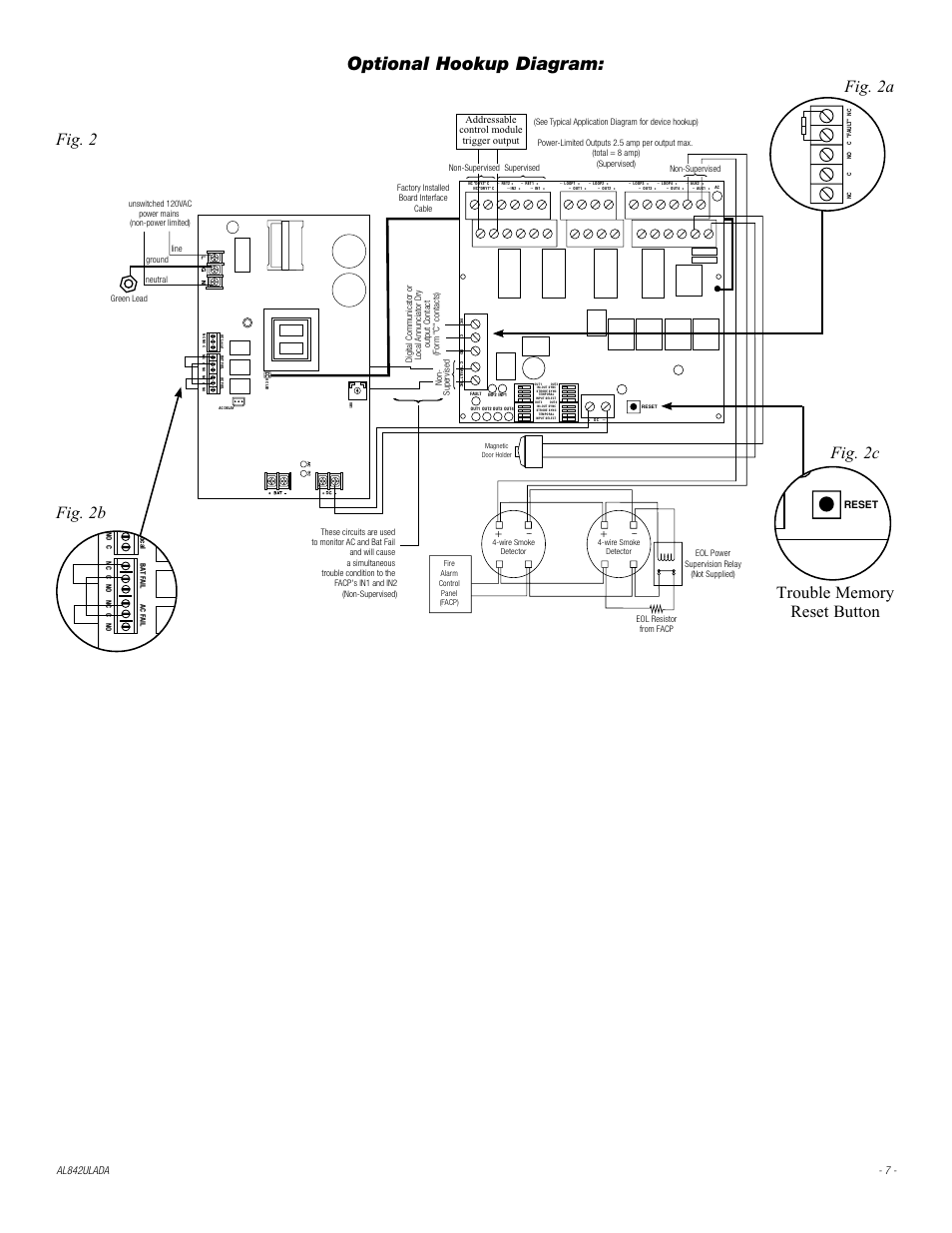 Addressable control module trigger output, Optional hookup diagram, Fig. 2 | Fig. 2b fig. 2a, Green lead, Wire smoke detector, Magnetic door holder | Altronix AL842ULADA Installation Instructions User Manual | Page 7 / 12