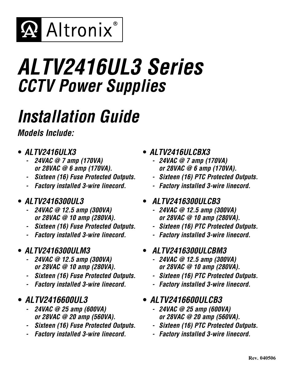 Altronix ALTV2416ULX3 Installation Instructions User Manual | 12 pages