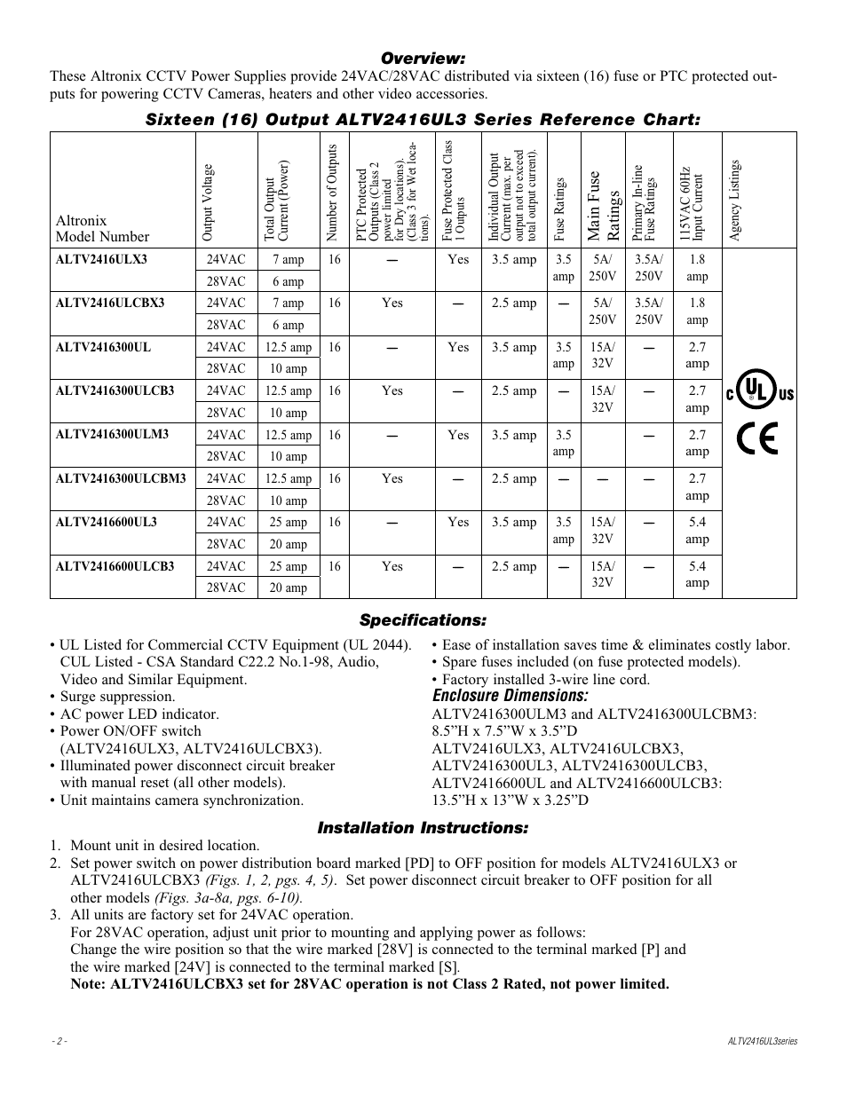 Altronix ALTV2416ULX3 Installation Instructions User Manual | Page 2 / 12