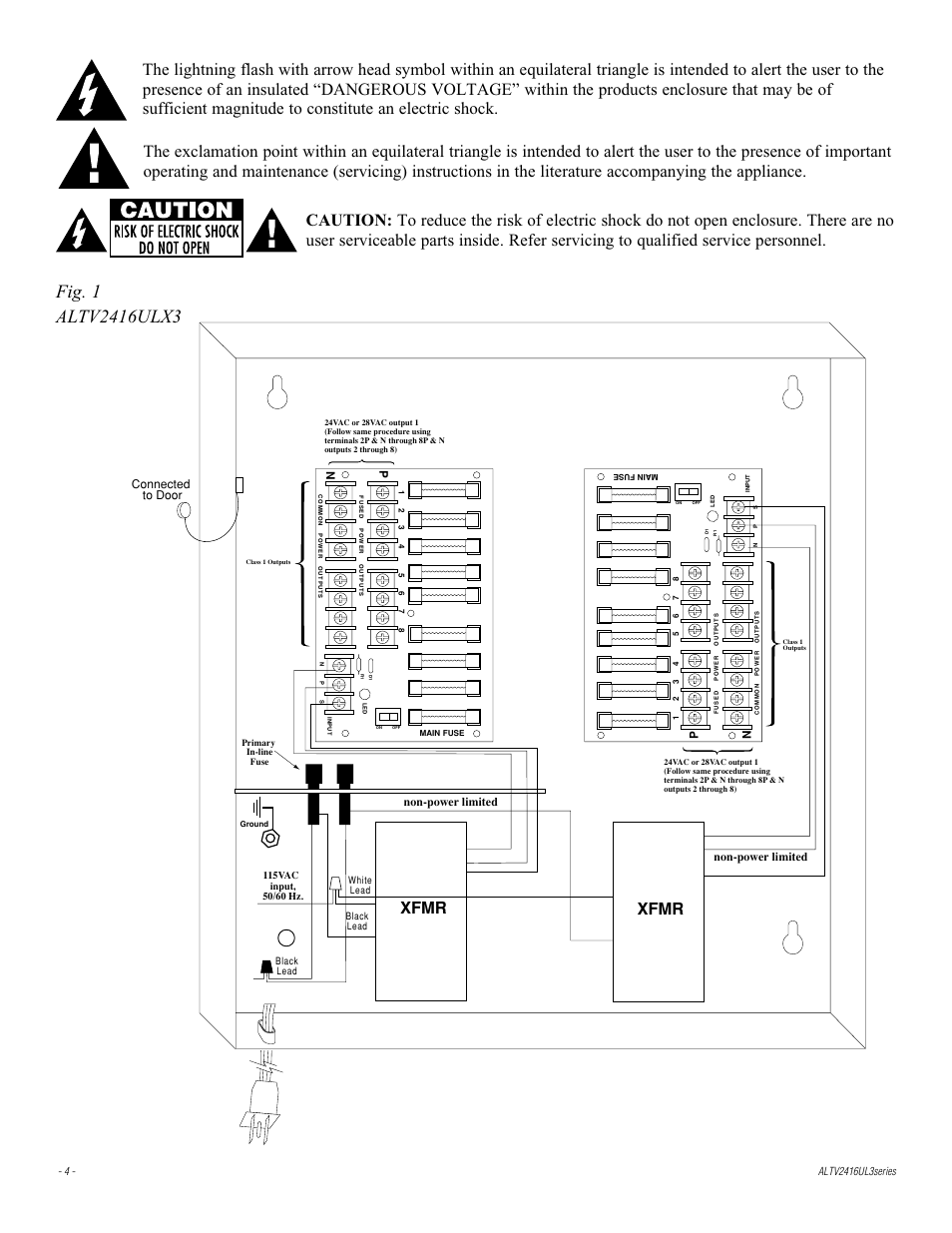 Xfmr, Connected to door, Non-power limited | Altronix ALTV2416ULX3 Installation Instructions User Manual | Page 4 / 12