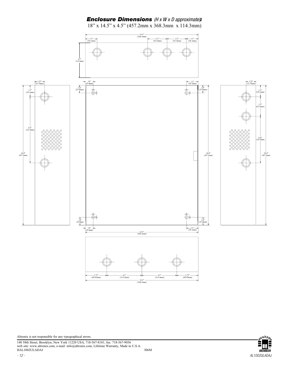 Enclosure dimensions | Altronix AL1002ULADAJ Installation Instructions User Manual | Page 12 / 12