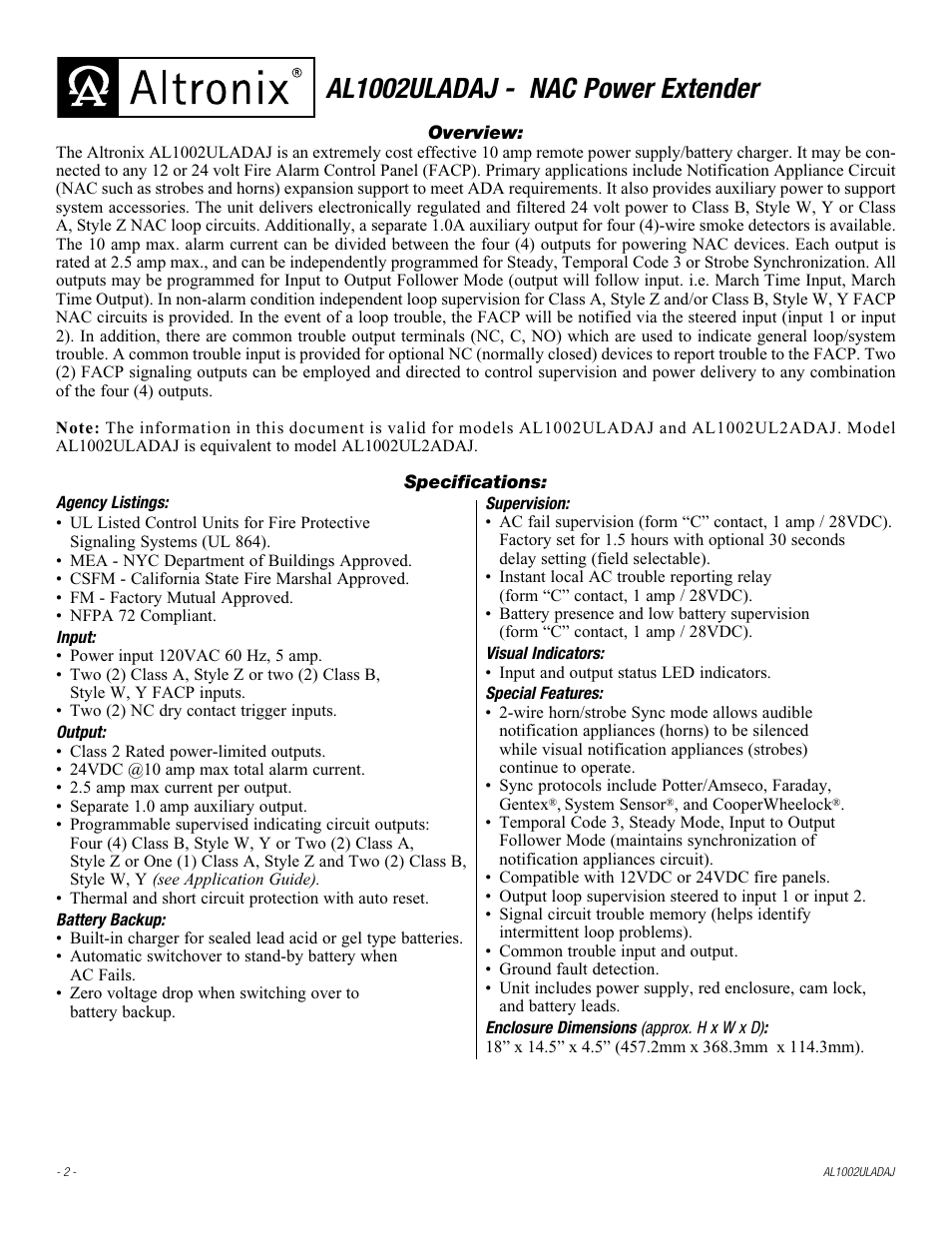 Al1002uladaj - nac power extender | Altronix AL1002ULADAJ Installation Instructions User Manual | Page 2 / 12