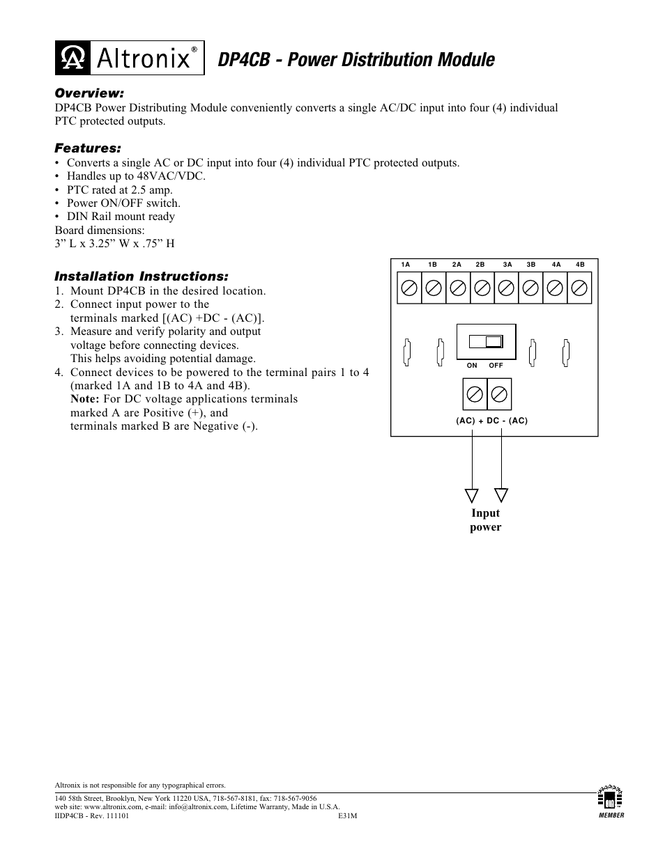 Altronix DP4CB Installation Instructions User Manual | 1 page