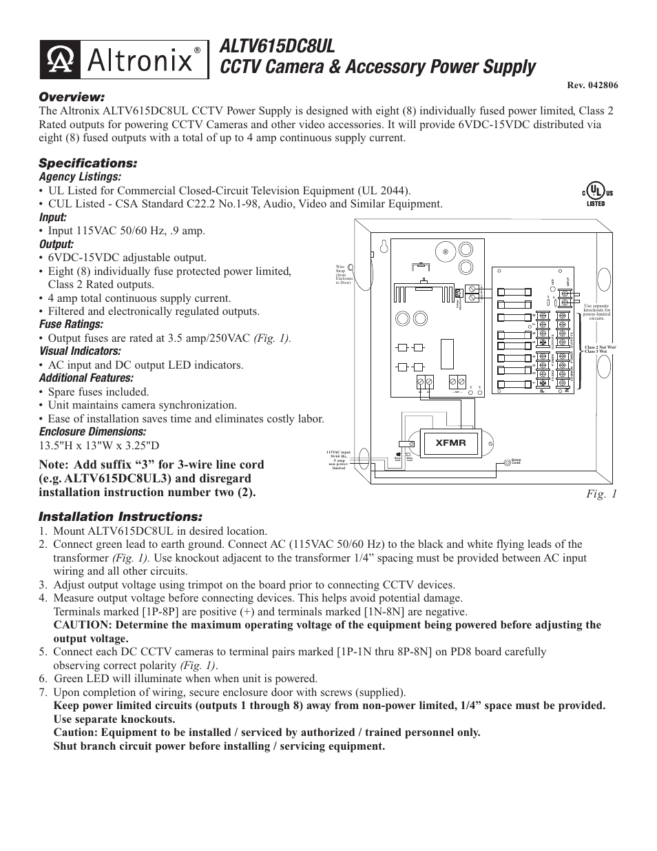 Altronix ALTV615DC8UL3 Installation Instructions User Manual | 2 pages