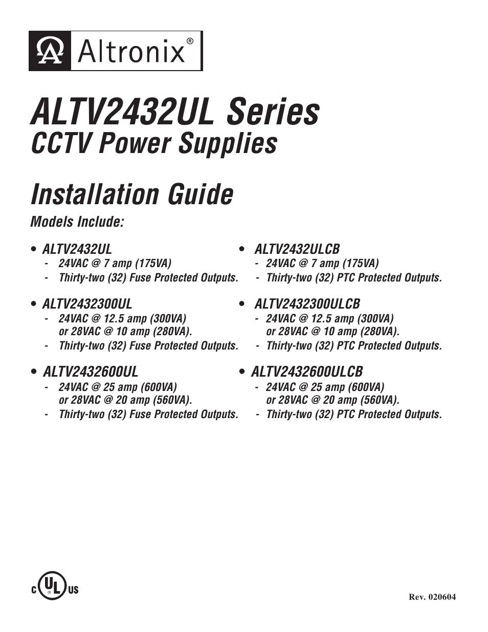 Altronix ALTV2432600ULCB3 Installation Instructions User Manual | 8 pages