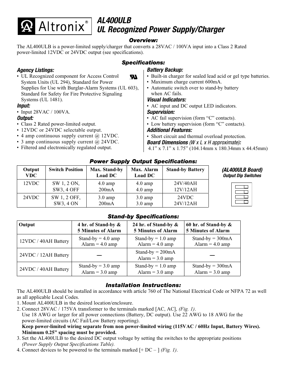Altronix AL400ULB Installation Instructions User Manual | 2 pages
