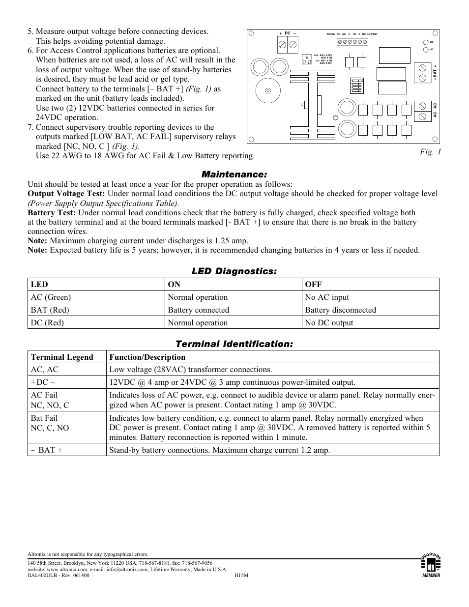 Maintenance, Led diagnostics, Terminal identification | Fig. 1 | Altronix AL400ULB Installation Instructions User Manual | Page 2 / 2
