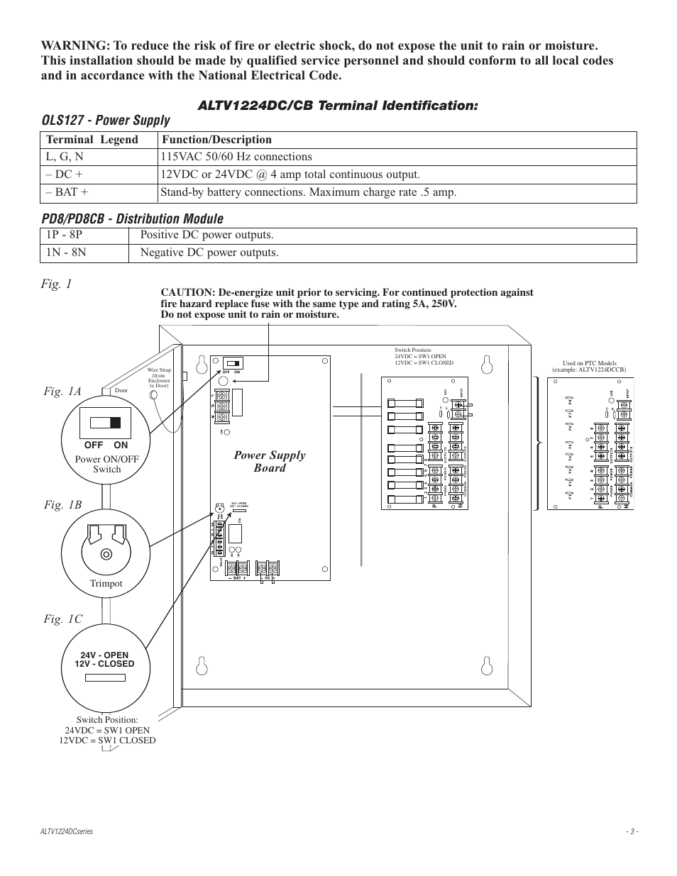 Pd8/pd8cb - distribution module, Fig. 1, Fig. 1a fig. 1b fig. 1c power supply board | Power on/off switch trimpot, 24v - open 12v - closed | Altronix ALTV1224DC2 Installation Instructions User Manual | Page 3 / 8