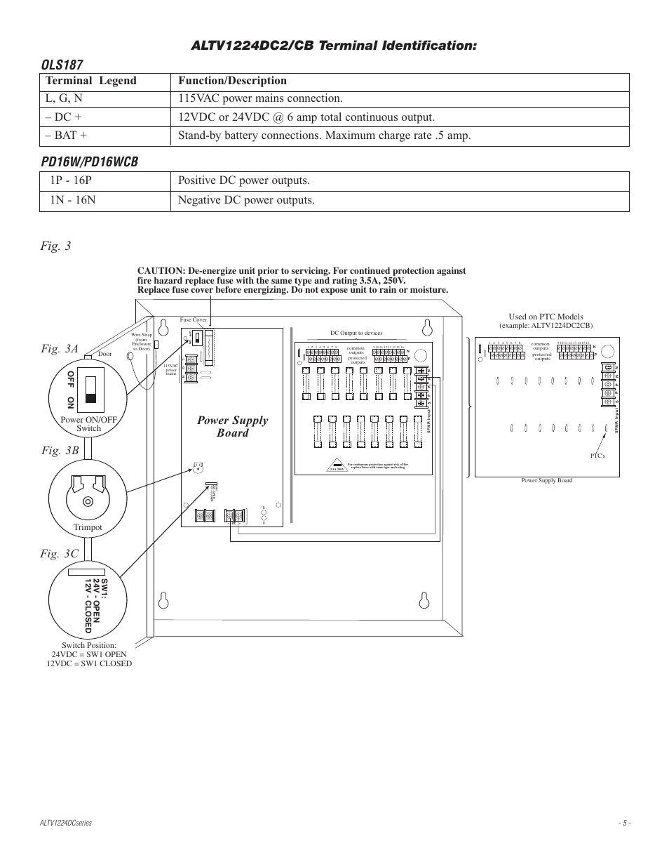 Pd16w/pd16wcb, Fig. 3, Fig. 3a fig. 3b fig. 3c power supply board | Power on/off switch trimpot, Used on ptc models | Altronix ALTV1224DC2 Installation Instructions User Manual | Page 5 / 8