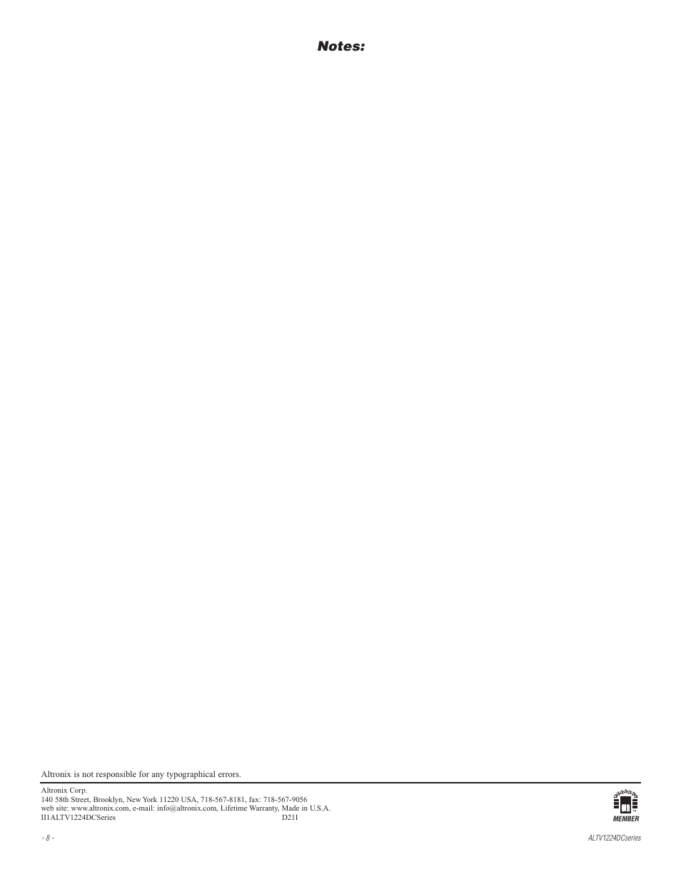 Altronix ALTV1224DC2 Installation Instructions User Manual | Page 8 / 8