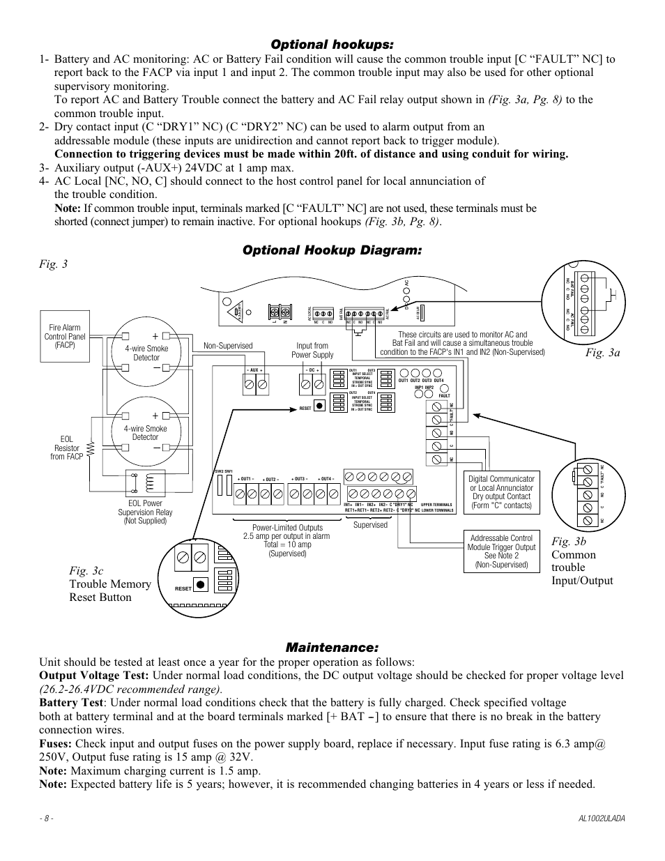 Optional hookups, Optional hookup diagram, Maintenance | Fig. 3, Fig. 3a | Altronix AL1002ULADA Installation Instructions User Manual | Page 8 / 12