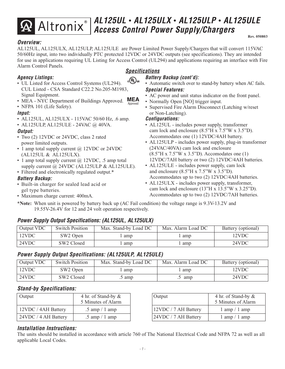 Altronix AL125ULX Installation Instructions User Manual | 4 pages