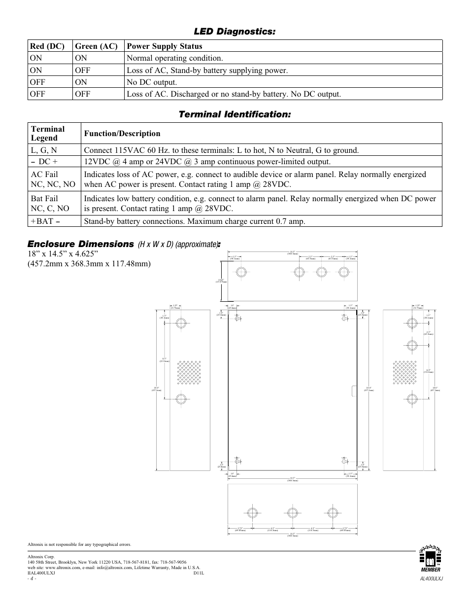 Led diagnostics, Terminal identification, Enclosure dimensions | Altronix AL400ULXJG Installation Instructions User Manual | Page 4 / 4