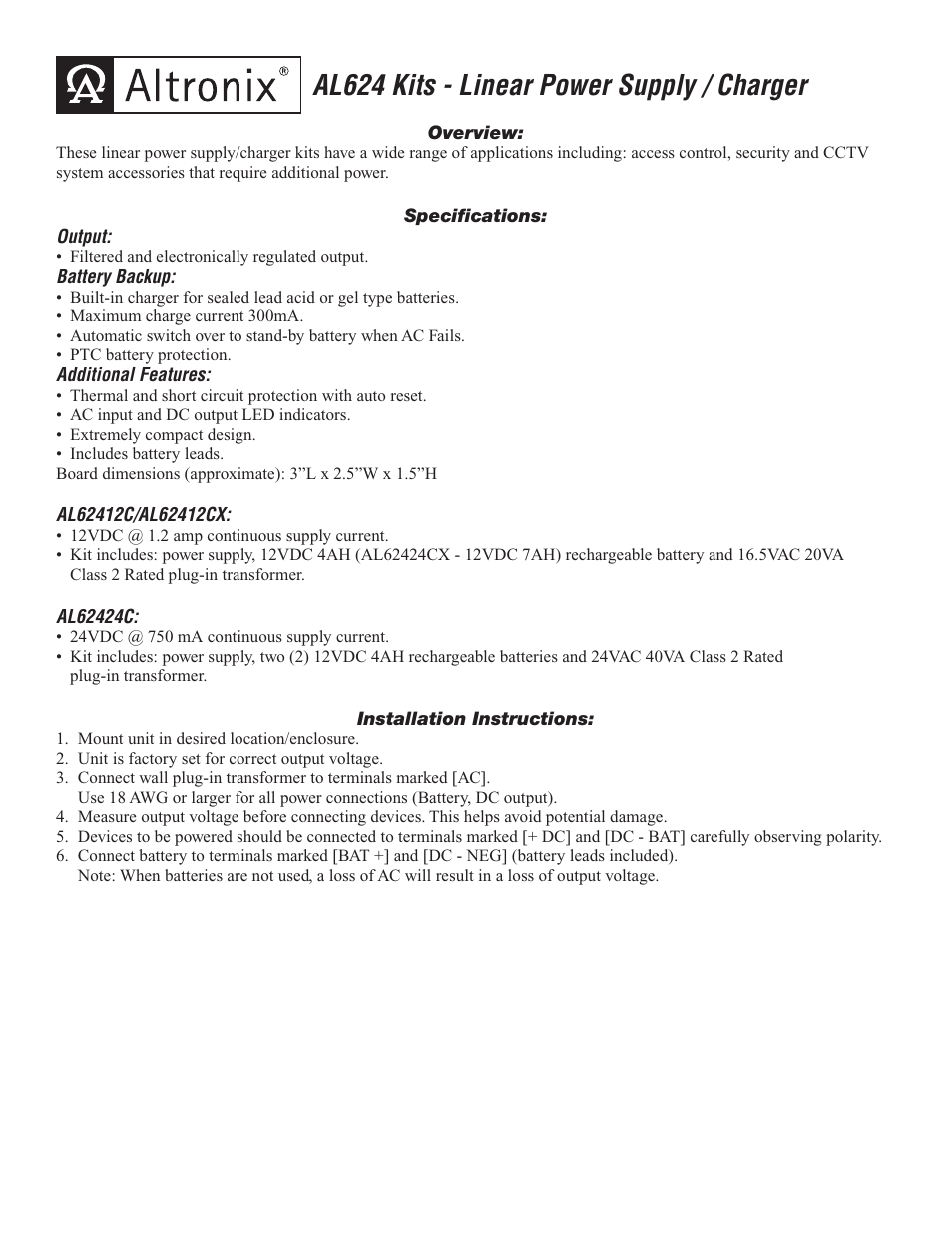 Altronix AL624-24C Installation Instructions User Manual | 2 pages