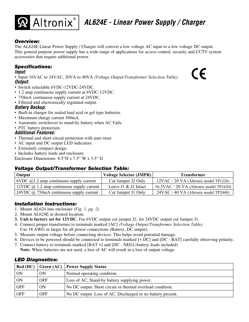 Altronix AL624E Installation Instructions User Manual | 2 pages