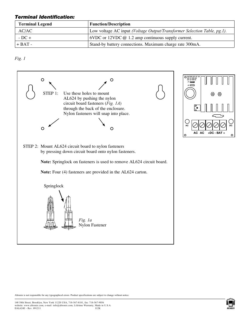 Terminal identification | Altronix AL624E Installation Instructions User Manual | Page 2 / 2