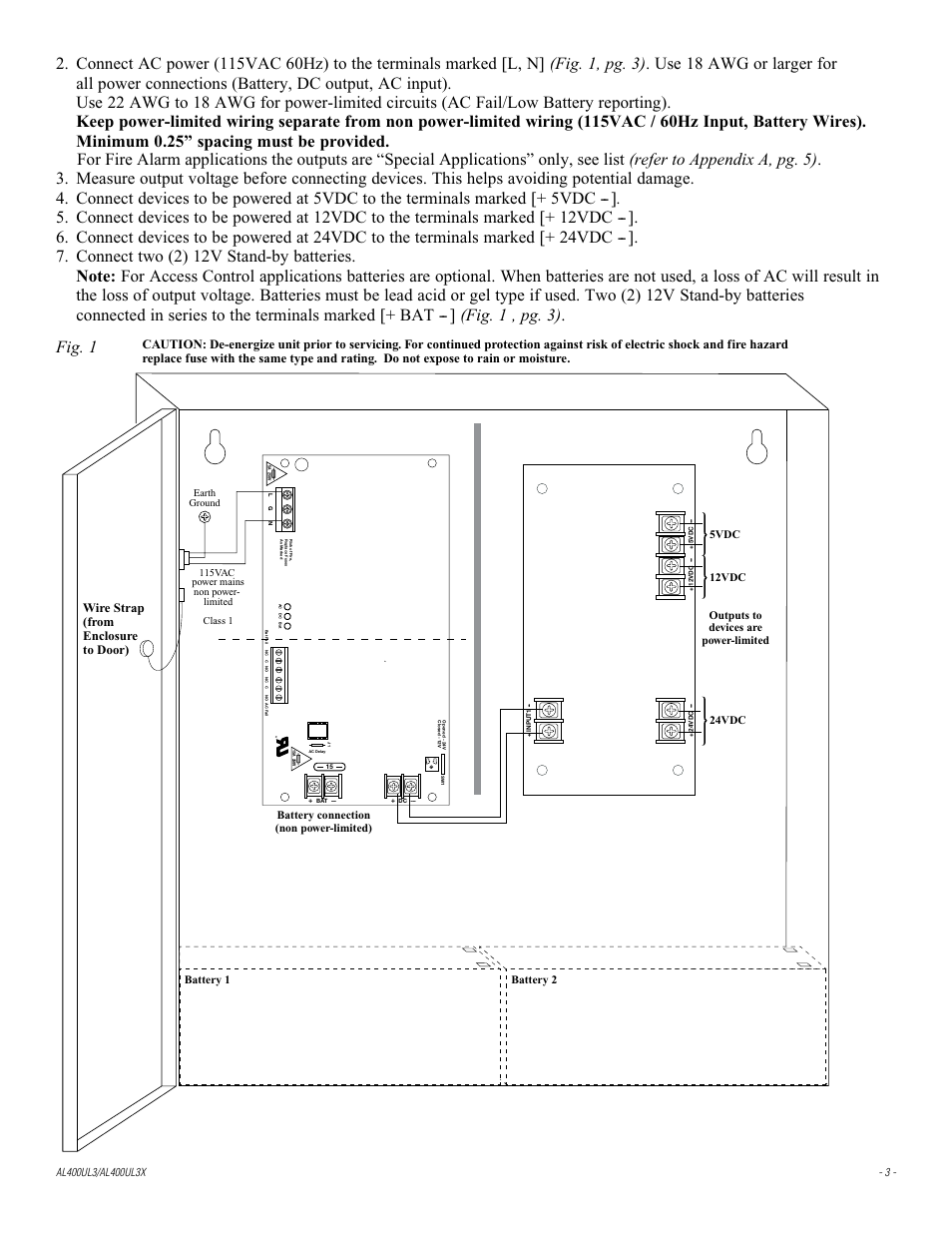 Fig. 1, Wire strap (from enclosure to door) | Altronix AL400UL3X Installation Instructions User Manual | Page 3 / 8