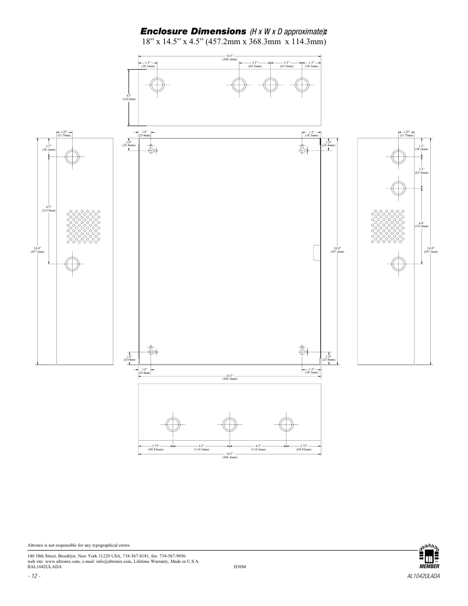 Enclosure dimensions, Member | Altronix AL1042ULADA Installation Instructions User Manual | Page 12 / 12