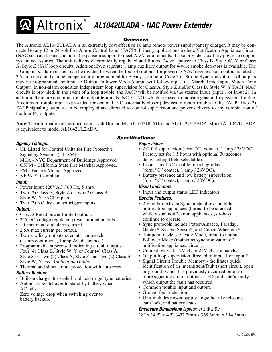 Al1042ulada - nac power extender | Altronix AL1042ULADA Installation Instructions User Manual | Page 2 / 12