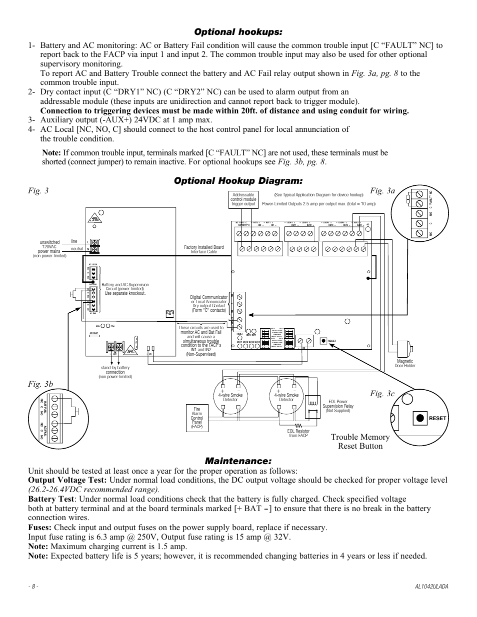 Addressable control module trigger output, Green lead, Optional hookups | Optional hookup diagram, Maintenance, Fig. 3 fig. 3a fig. 3b fig. 3c, Wire smoke detector, Magnetic door holder | Altronix AL1042ULADA Installation Instructions User Manual | Page 8 / 12