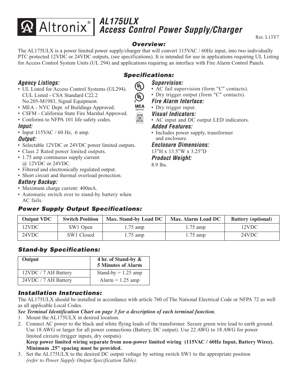 Altronix AL175ULX Installation Instructions User Manual | 4 pages