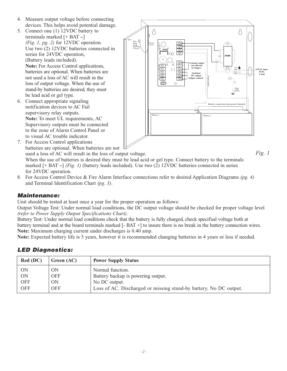 Maintenance, Led diagnostics, Fig. 1 | Altronix AL175ULX Installation Instructions User Manual | Page 2 / 4