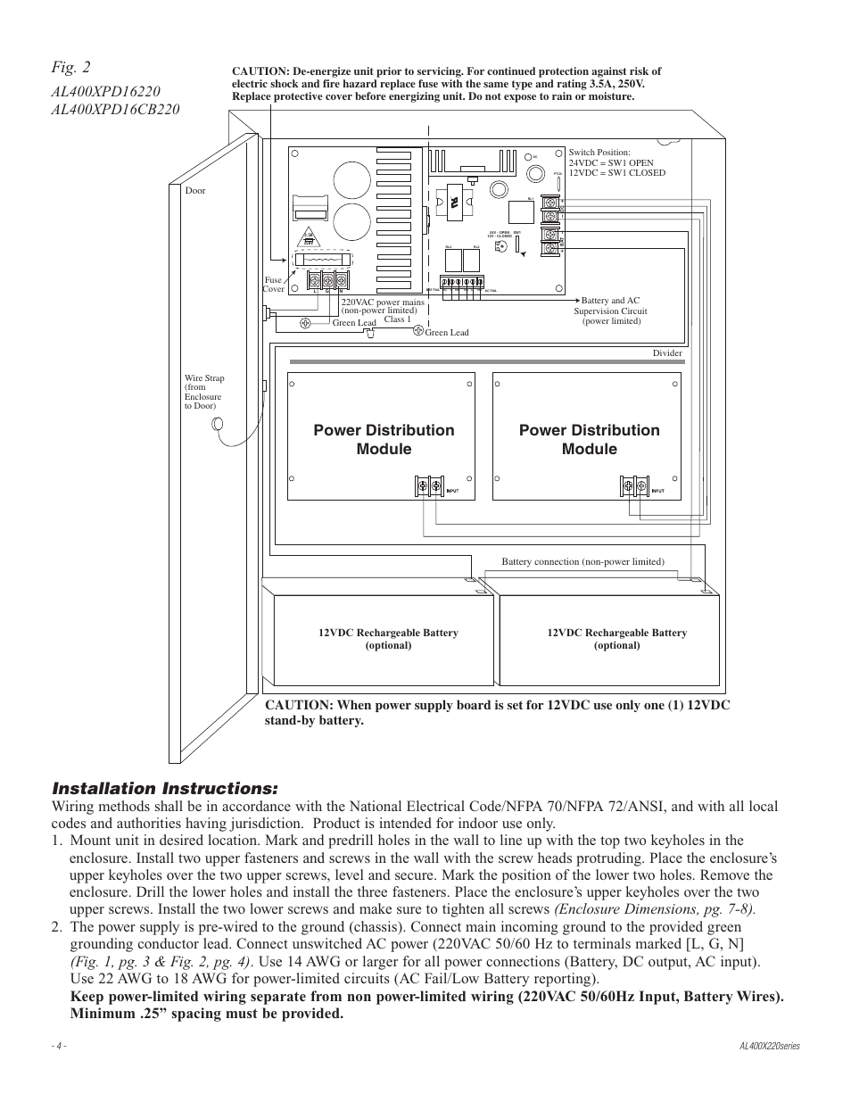 Installation instructions, Fig. 2, Power distribution module | Altronix AL400X220 Installation Instructions User Manual | Page 4 / 8