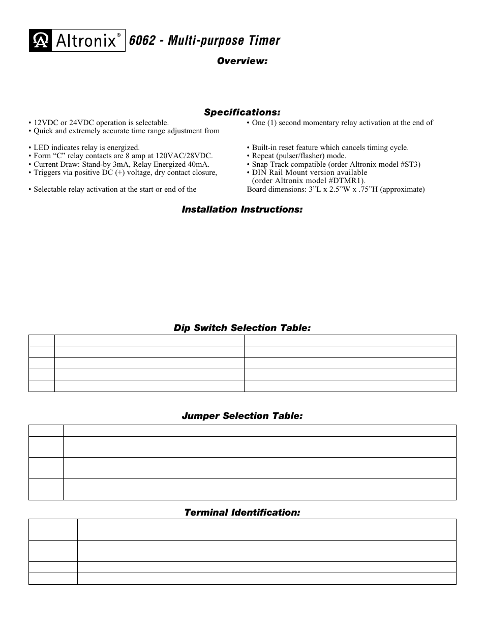 Altronix 6062 Installation Instructions User Manual | 2 pages